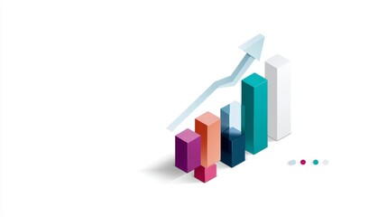 Vibrant 3d bar chart with upward arrow showing business growth and data increase on white background