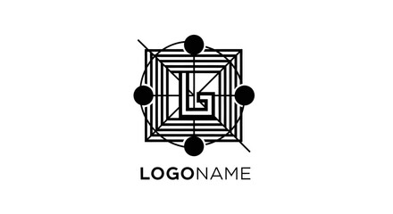 Geometric logo design featuring abstract lettermark inside square and circle pattern