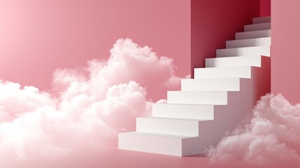 Dreamy pastel staircase ascending into pink fog with soft cloud background, minimalist medium shot, low angle, space for text, ethereal and calming atmosphere