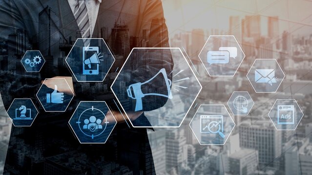 Digital marketing promotion strategy using megaphone, social media marketing, digital ads video content, communication, analytics, and global branding advertisement for business outreach Marrow