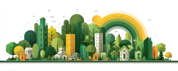 Eco city landscape with green buildings, trees, and a large rainbow arc