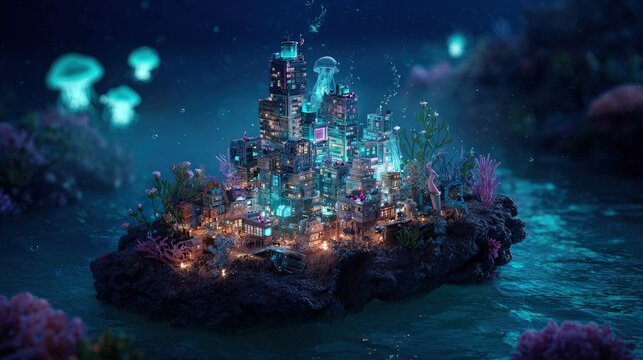 Glowing Underwater Pixel City on Floating Coral Island