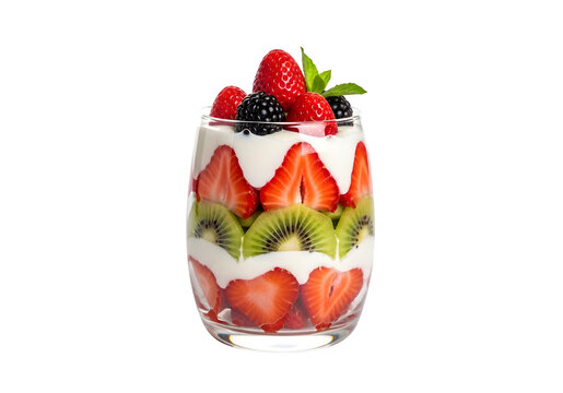 dessert featuring layered yogurt with strawberries and kiwi fruit in glass cup, isolated on white or transparent background. PNG
