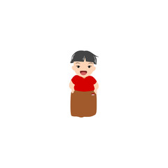 Illustration of a smiling cartoon boy with black hair, wearing a red shirt and brown pants, isolated