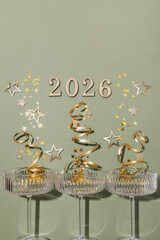 2026 Happy New Year glittering golden numbers with champagne glasses and festive party decoration...