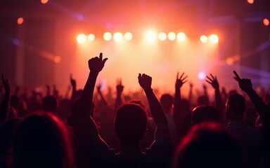 cheering crowd at rock concert in front of bright lights. ai generative. High quality