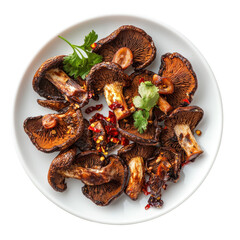 Savory Grilled Mushrooms with Spices and Fresh Herbs on a White Plate on transparent background
