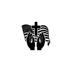 Patriotic Prayer Hands Holding Cross Before American Flag - Silhouette