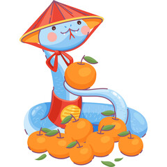 Cute Light Blue Snake Wearing A Red Conical Hat Holding An Orange With A Pile Of Oranges In Front With Green Leaves And Transparent Background