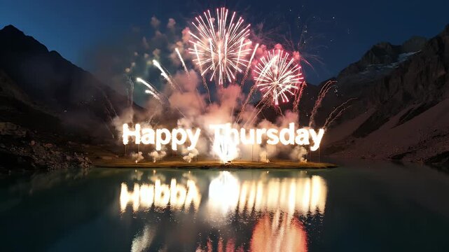 Stunning fireworks display over a serene lake, reflecting the celebratory message against dark mountains