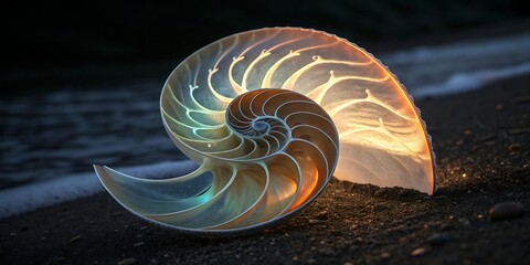 Nautilus shell on a sandy beach at sunset with dramatic lighting.