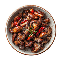 Saut&eacute;ed Shiitake Mushrooms with Herbs and Spices in a Rustic Bowl on transparent background