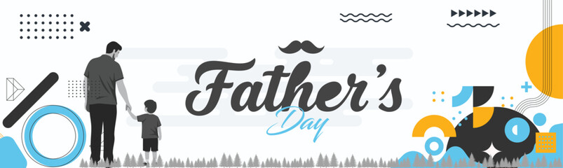 Fototapeta premium Creative Father’s Day Poster with Father and Son Silhouette, Blue Abstract Background, and Modern Typography