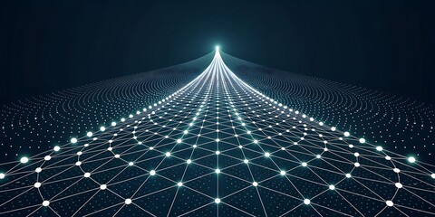 Abstract network of glowing particles forming a futuristic upward path.