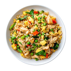 Delicious Chicken Fried Rice with Vegetables in a White Bowl on transparent background