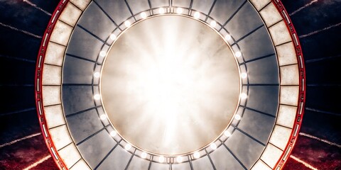 Looking up into a circular stadium light structure with bright center.