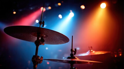 Drum cymbals shimmer under vibrant stage lights during a concert.
