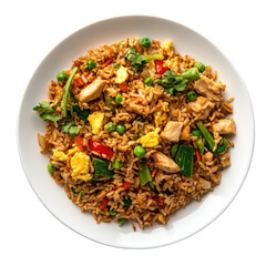 Delicious Chicken Fried Rice with Vegetables and Egg in a White Bowl on transparent background