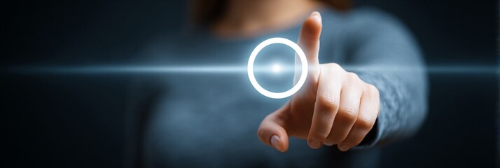Finger pressing a digital interface with a glowing circular button