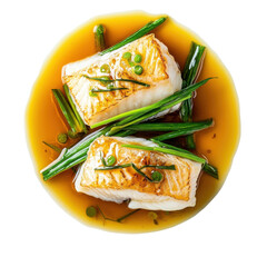 Grilled Fish Fillets with Green Onions in Savory Soy Sauce Broth on transparent background