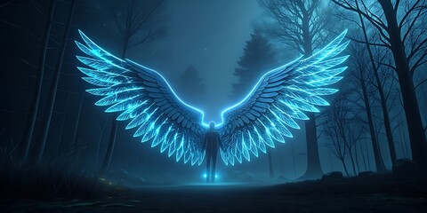 Mysterious glowing blue angel wings in a dark, foggy forest.