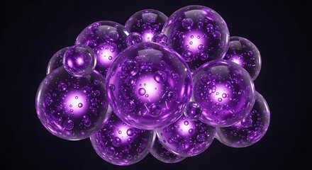 Fototapeta premium Abstract grouping of luminous purple spherical cells or bubbles with internal light sources