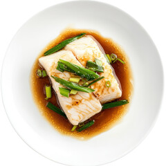 Steamed Fish with Scallions in Soy Sauce - Healthy Asian Cuisine Dish on transparent background