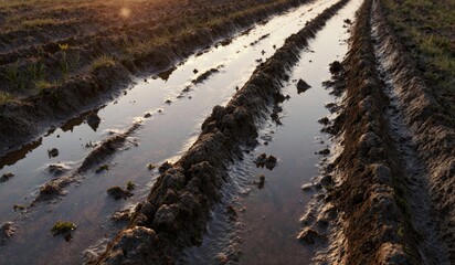 Obraz premium Water marks on a plowed field at dusk