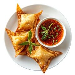 Crispy Fried Wontons with Sweet Chili Sauce on a White Plate, Garnished with Fresh Basil on transparent background