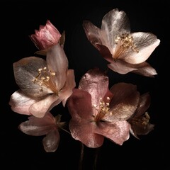 Romantic Pink Glitter Flowers On Black Background