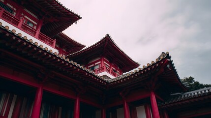 A traditional red building with ornate architecture and layered roofs under a cloudy sky