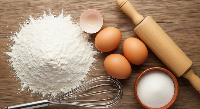 Baking Ingredients Flour Eggs Rolling Pin Sugar Whisk Still Life on Wooden Table Top View Recipe Preparation