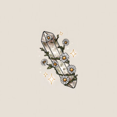 Beautiful Crystal Quartz with Daisies and Sparkles on Soft Beige Background