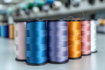 Colorful spools of thread arranged on a table in a sewing workshop for crafting and design