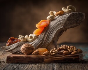 Dried Fruits And Nuts Displayed On Driftwood