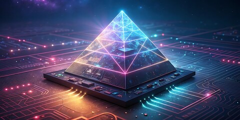 Glowing pyramid on a circuit board with colorful lights.