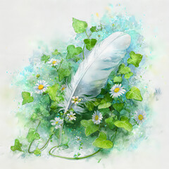 Beautiful White Feather with Fresh Daisies and Green Leaves on Soft Paper Background