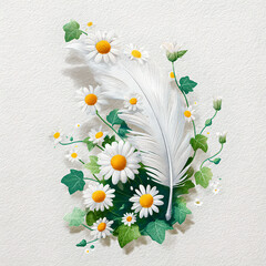 Beautiful White Feather with Fresh Daisies and Green Leaves on Soft Paper Background