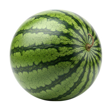 A whole, ripe watermelon with distinctive green stripes, isolated on a transparent background