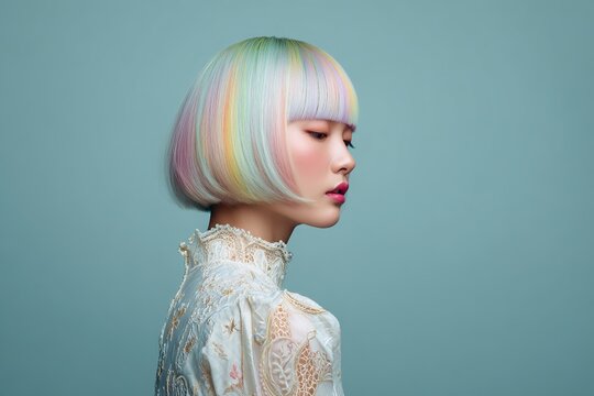 Elegant side profile portrait of woman with pastel rainbow bob haircut and blunt bangs