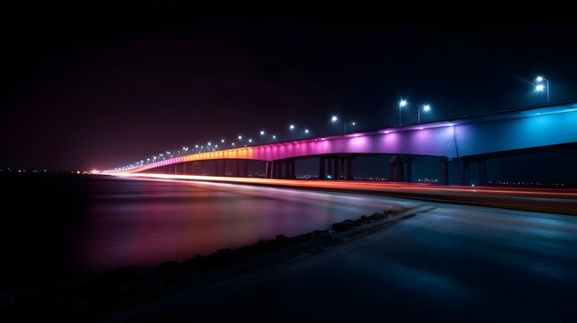 A modern bridge illuminated with colorful lights over water at night with light trails