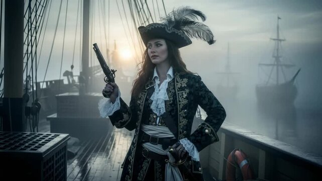 Woman dressed as pirate captain on a ship deck with pistol, sea adventure setting and mystic haze for historic fiction footage