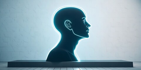 Glowing blue human head silhouette on a dark platform.