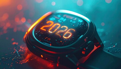 Close Up of Modern Smartwatch Screen Displaying Glowing 2026 Numbers in Futuristic Interface