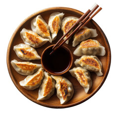 Deliciously Crisp Dumplings Served with Soy Sauce in a Wooden Bowl on a Rustic Plate on transparent background