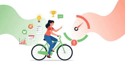 Fototapeta premium Woman Cycling Towards Goals with Efficiency and Success Illustrated, Achieving Progress