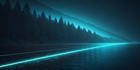Glowing neon line across a dark lake with pine trees and mountains.