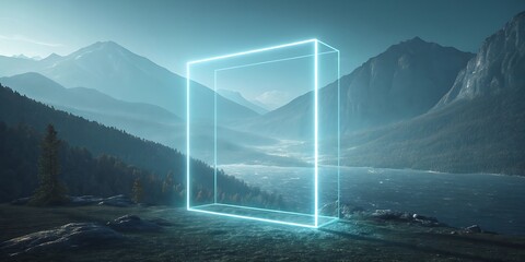 Glowing neon cube in a mountain landscape with a lake.