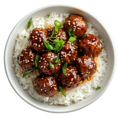 Delicious Asian-style meatballs served over fluffy white rice, garnished with green onions and sesame seeds in a vibrant bowl on transparent background