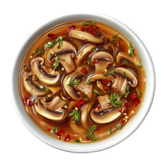 Savory Mushroom Soup with Fresh Herbs and Spices in a White Bowl on transparent background